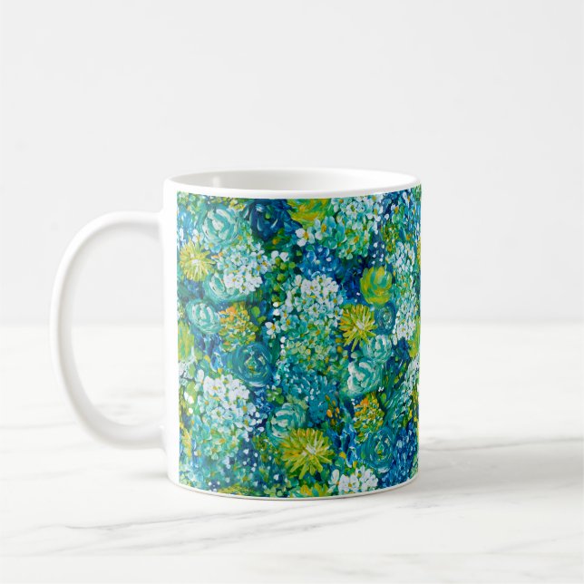 Taza De Café Jubilant Spring Blue & Green Modern Floral (Izquierda)