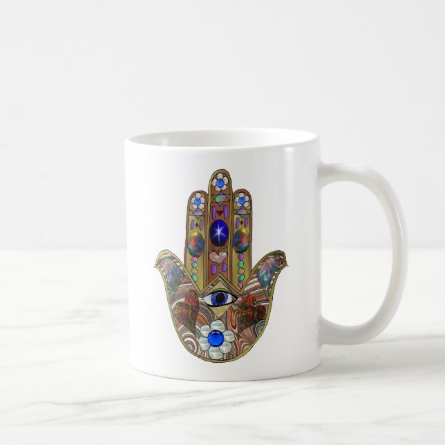 Taza De Café Judaica Hamsa Hearts Flowers Opal Art Print (Derecha)