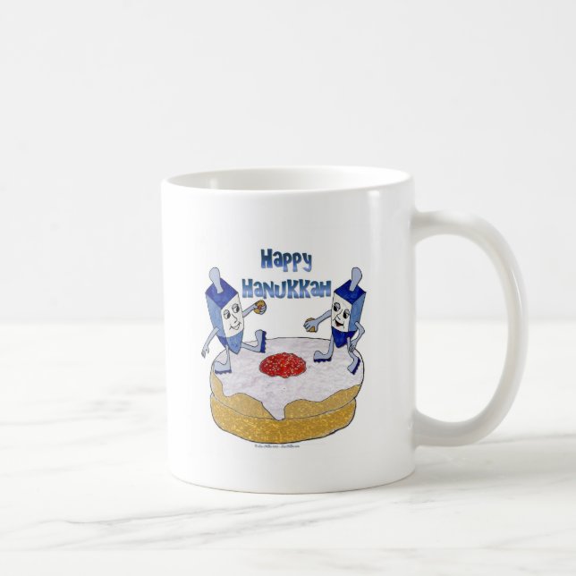 Taza De Café Judaica Happy Hanukkah Dancing Dreidels Doughnut (Derecha)