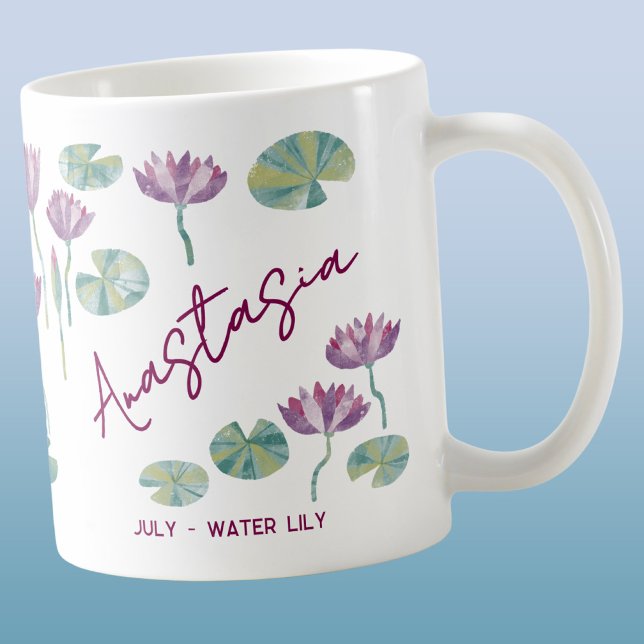 Taza De Café July Birth Flower Custom Name Water Lily (July birth month flower water Lily watercolor art personalized custom name coffee mug gift)