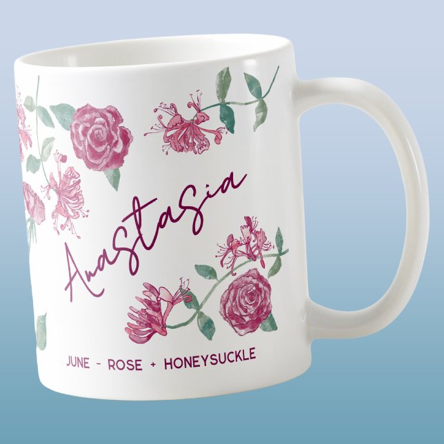 Taza De Café June Birth Flower Custom Name Rose Honeysuckle (June birth month flower personalized custom name rose honeysuckle watercolor art coffee mug gift)