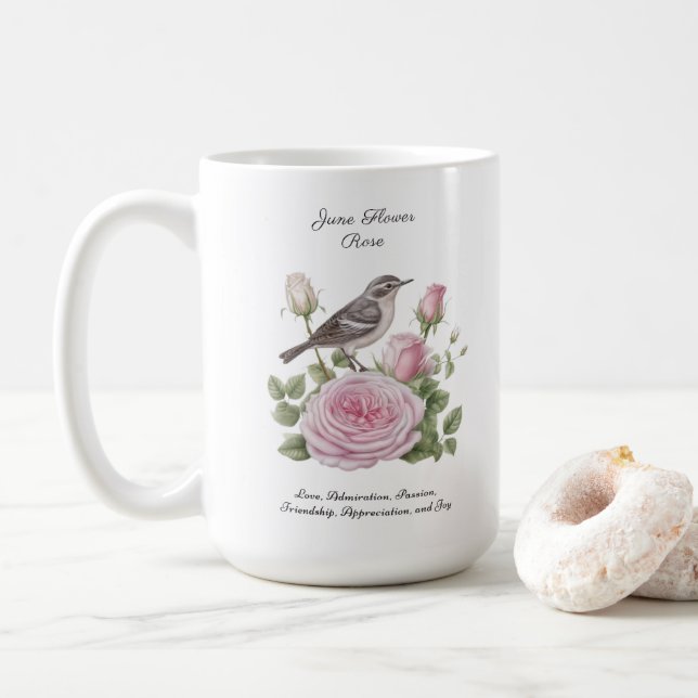 Taza De Café Junio Mes de Nacimiento Rosa de Flores Elegante Cu (Con donut)