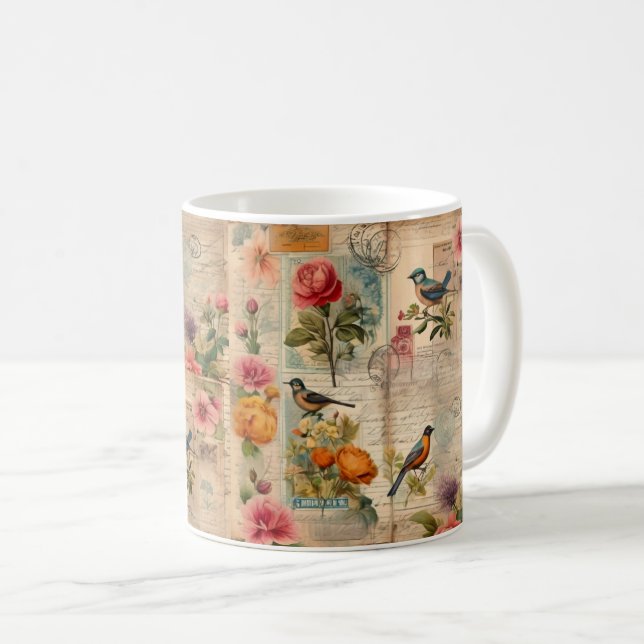 Taza De Café Junk Journal Seite mit Blumen + Vögeln -  (Anverso derecho)