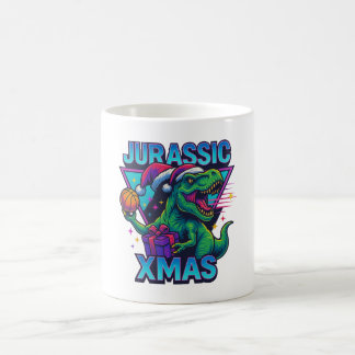 Taza De Café Jurassic Xmas T-Rex - Retro 80s Neon Dinosaur Xmas