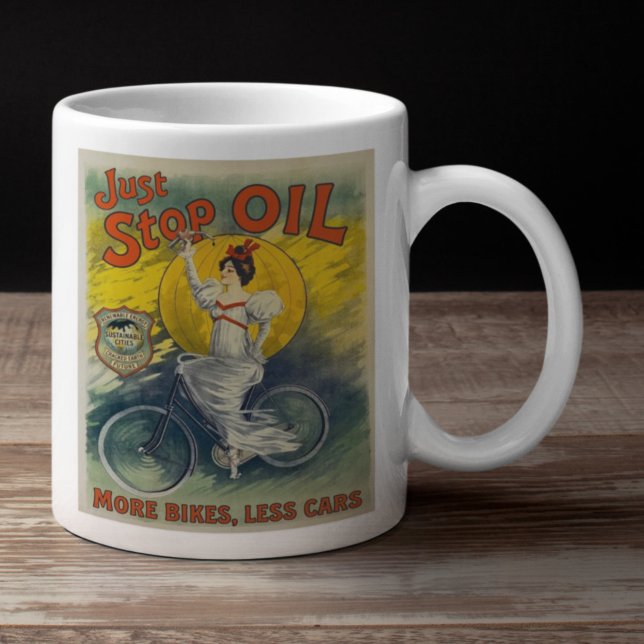 Taza De Café Just Stop Oil Mug More Bikes Less Cars Activist (Just stop Oil mug on wood unit )