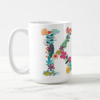 K Monograma Mug, Floral K Inicial, Botánico