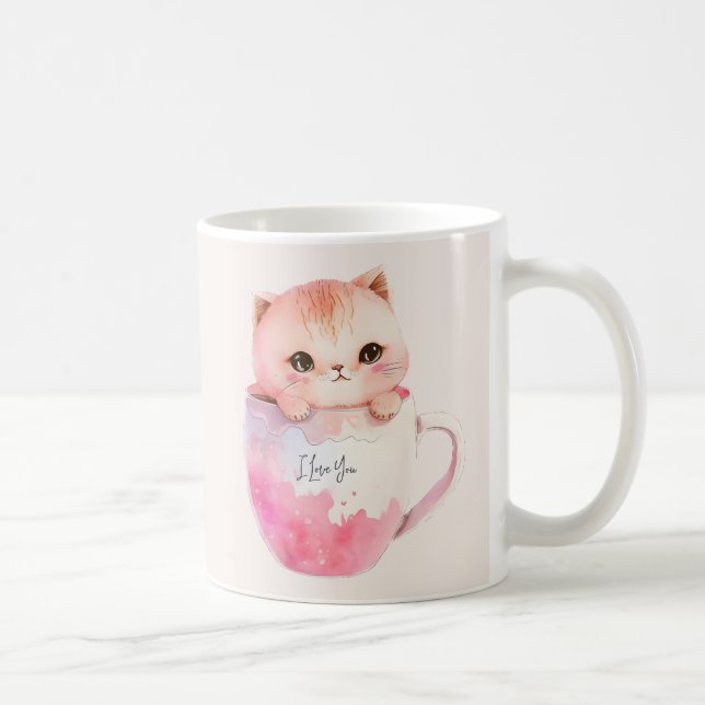 Taza De Café Kawaii Blushing Pink Chibi Cat (Derecha)