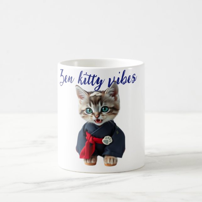 Taza De Café 😻 Kawaii Cat in Blue Kimono - Japanese Style Art (Centro)