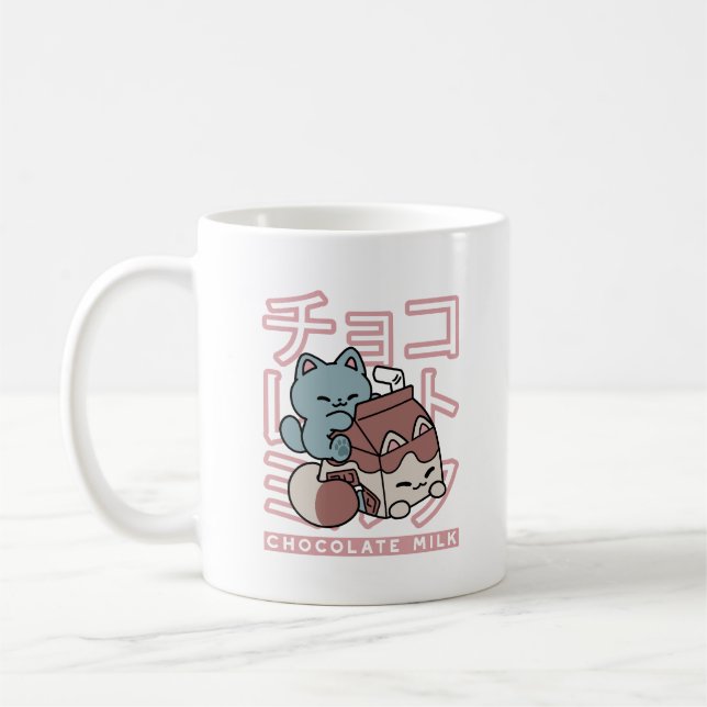Taza De Café Kawaii Cat with Chocolate Milk – Japanese Pop Art  (Izquierda)