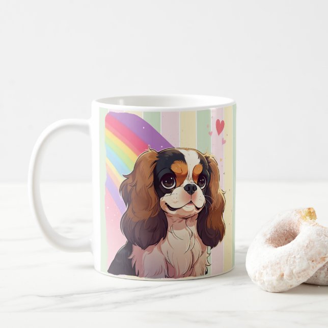 Taza De Café Kawaii Cavalier Rey Charles Pastel Arcoiris (Con donut)