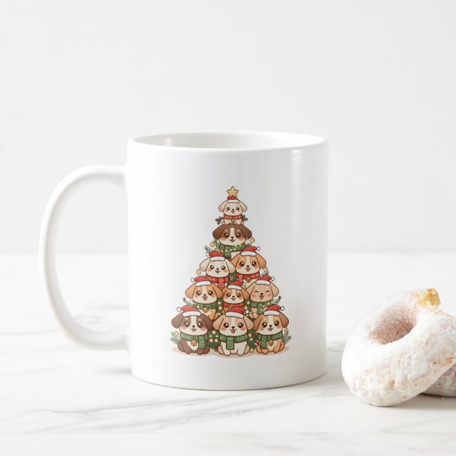 Taza De Café Kawaii Dogs Christmas Tree – Cute Festive Puppy  (Con donut)