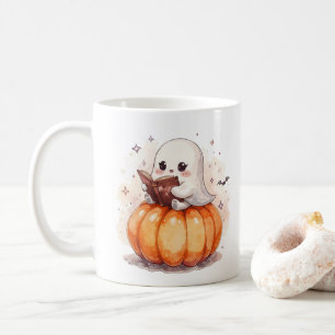 Taza De Café Kawaii Ghost leyendo sobre calabaza - Halloween