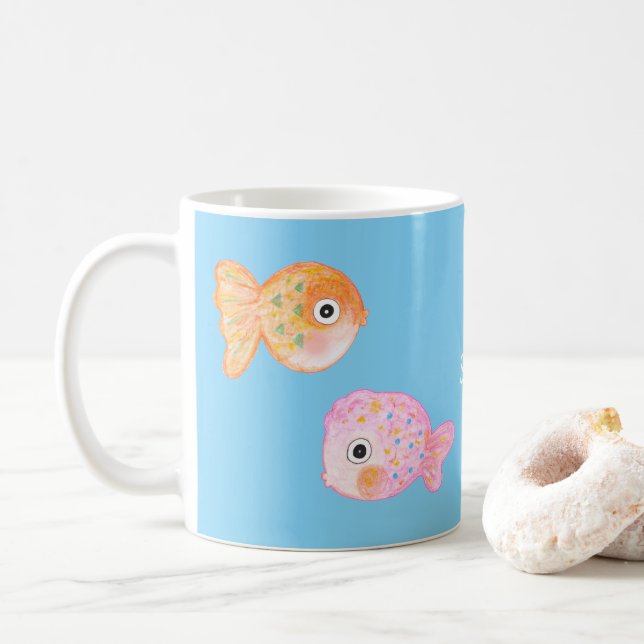 Taza De Café Kawaii Goldfish dulce pez divertido Nombre persona (Con donut)
