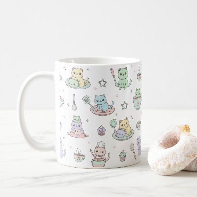 Taza De Café Kawaii Kittens Baking Pattern Coffee Mug (Con donut)