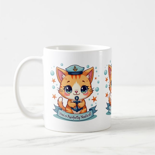Taza De Café Kawaii Nautical Cat Vela Anchor Pun (Izquierda)