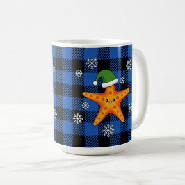 Taza De Café Kawaii Navidad Starfish en patrón de búfalo azul