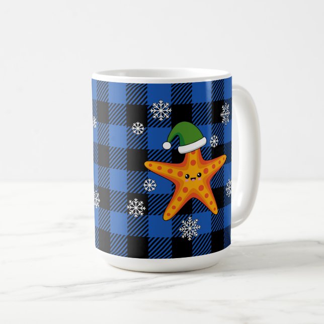 Taza De Café Kawaii Navidad Starfish en patrón de búfalo azul (Anverso derecho)