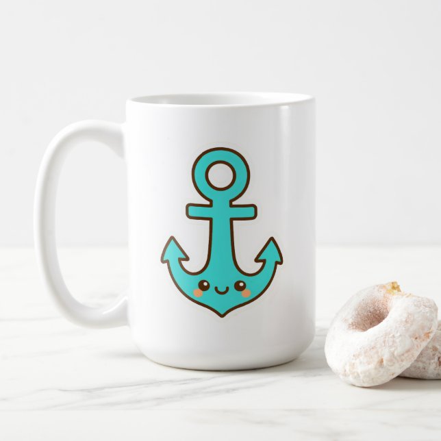 Taza De Café Kawaii Turquoise Anchor - Fantástico y Alegre (Con donut)