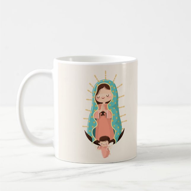 Taza De Café Kawaii Virgin of Guadalupe with angel and prayer (Izquierda)