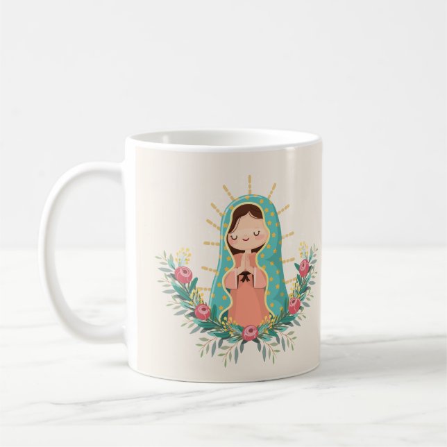 Taza De Café Kawaii Virgin of Guadalupe with flower and prayer (Izquierda)
