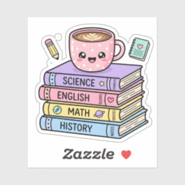 Taza de café Kawaii y pegatina de libros de estudi