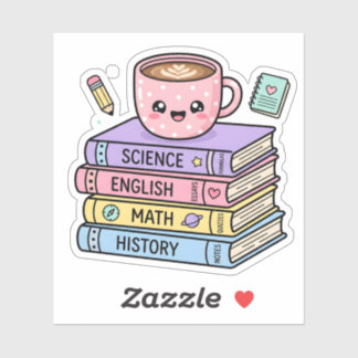 Taza de café Kawaii y pegatina de libros de estudi