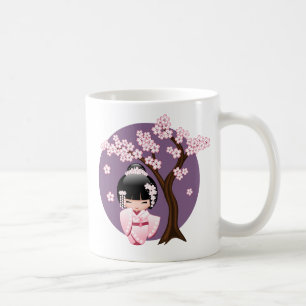 Taza De Café Kimono rosa muñeca Kawaii Kokeshi sobre fondo púrp