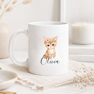 Taza De Café Kit de gato floral personalizado Nombre   Gato acu