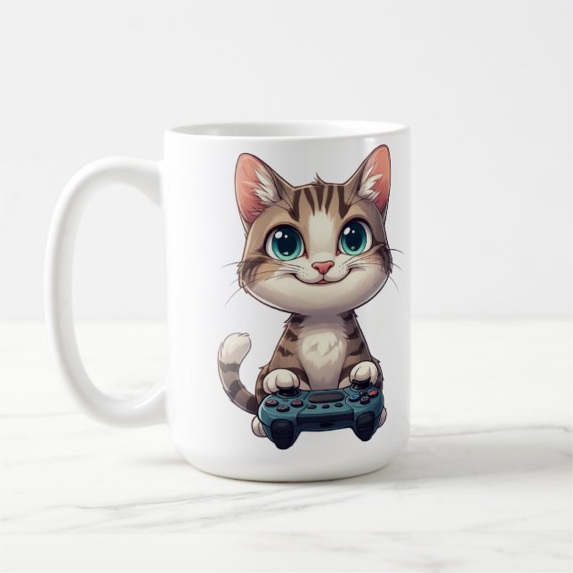 Taza De Café Kitten Holding Game Controller Smiling Gamer Cat (Izquierda)