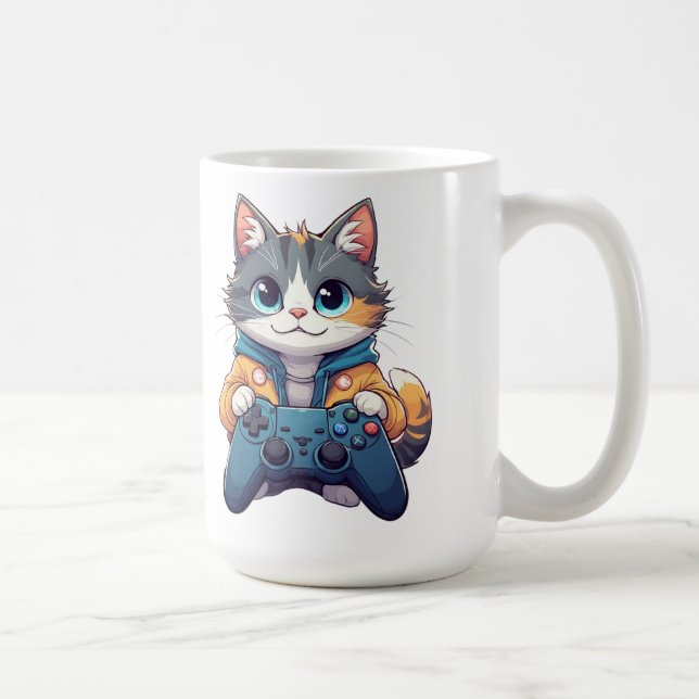 Taza De Café Kitten Holding Game Controller Smiling Gamer Cat (Derecha)