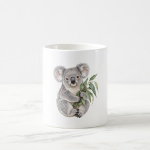 Taza De Café Koala sosteniendo hojas de eucalipto