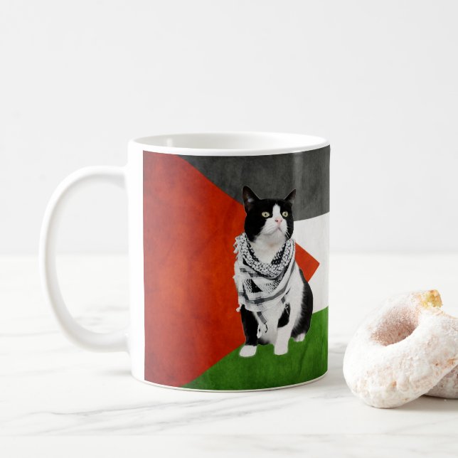 Taza De Café Kufiya palestino usa gato con bandera palestina (Con donut)
