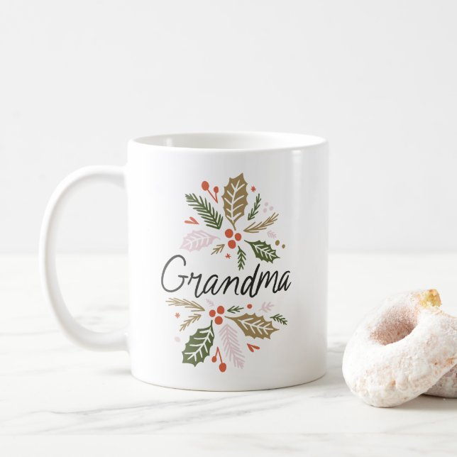 Taza De Café La abuela Brillante Holly Navidades Black Script (Con donut)