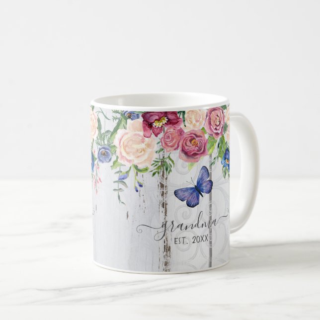 Taza De Café La abuela estableció la madera rústica floral de B (Anverso derecho)