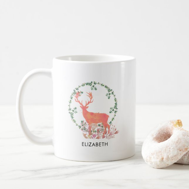 Taza De Café La acuarela de Boho para renos rusos personalizada (Con donut)
