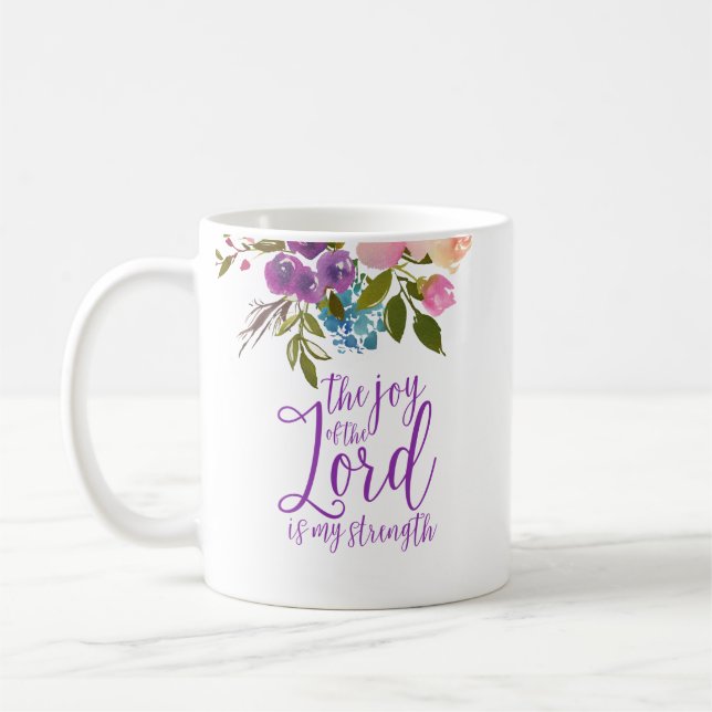Taza De Café La alegría de la caligrafía floral púrpura del Señ (Izquierda)