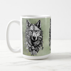 Taza De Café la cabeza de lobo deja el dibujo de arte original