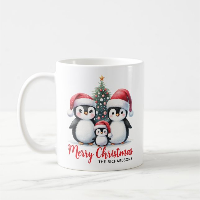 Taza De Café La familia Cute Pingüino Moderna Feliz Navidad (Izquierda)