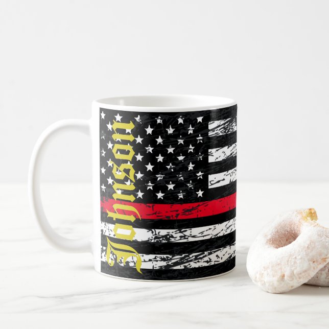 Taza De Café La línea roja delgada del bombero (Con donut)