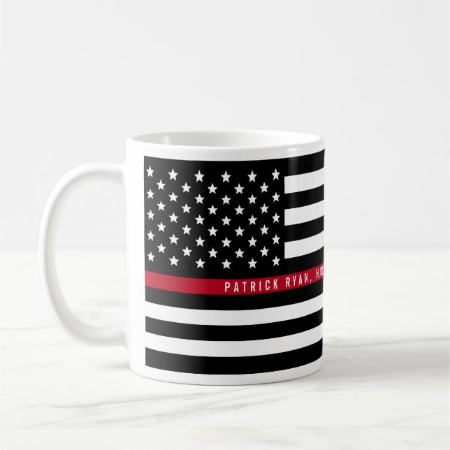 Taza De Café La línea roja fina bandera del bombero añade (Izquierda)