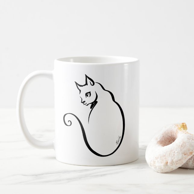 Taza De Café La mano elegante dibujada 5 líneas doble del gato (Con donut)