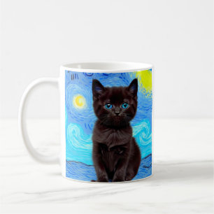 Taza De Café La noche estrellada de Van Gogh con gato negro