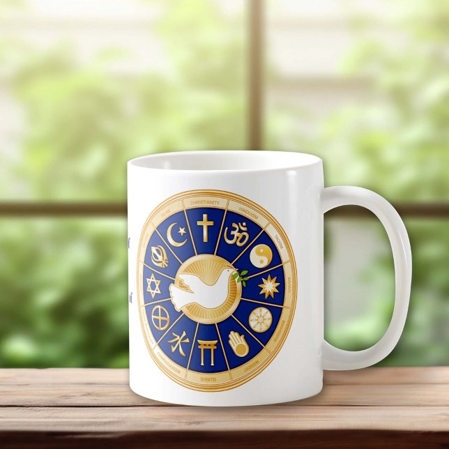 Taza De Café La paloma de la paz (Dove of Peace Mug. Gold icons of world faiths surround the international symbol of harmony.)