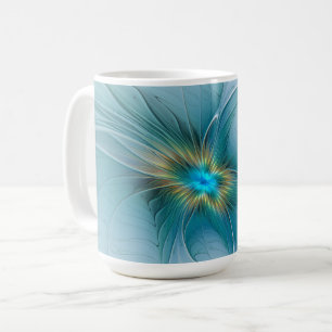 Taza De Café La pequeña Flor Fractal Azul Oro Moderna y Bella