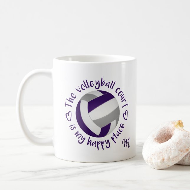 Taza De Café la pista de voleibol gris morado es mi lugar feliz (Con donut)