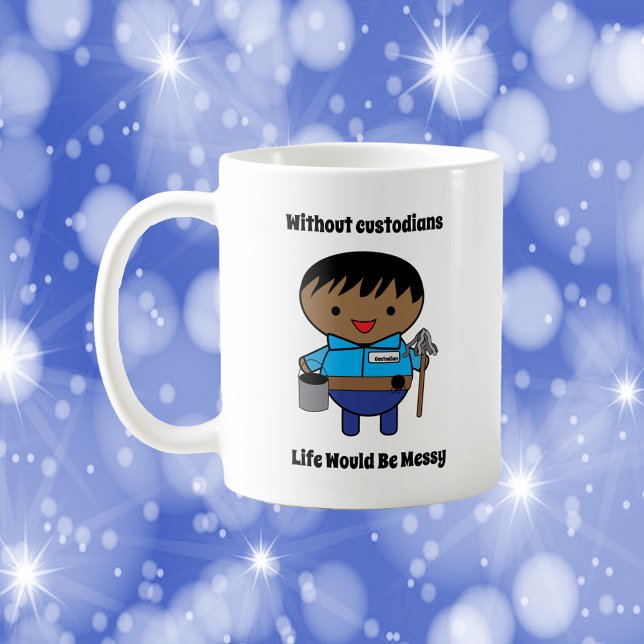 Taza De Café La vida de la custodia: un hombre negro confuso (A mug featuring a black male custodian and the text Without Custodians Life Would Be Messy)