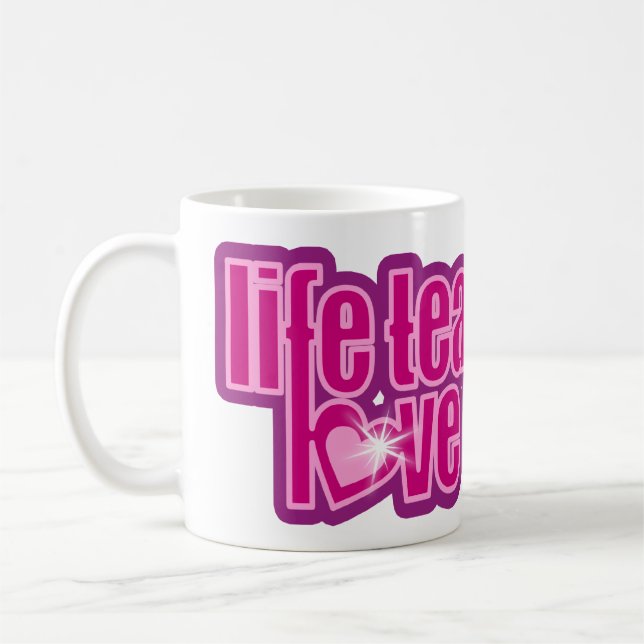 Taza De Café "la vida enseña a amar revela" eslogan rosa morado (Izquierda)