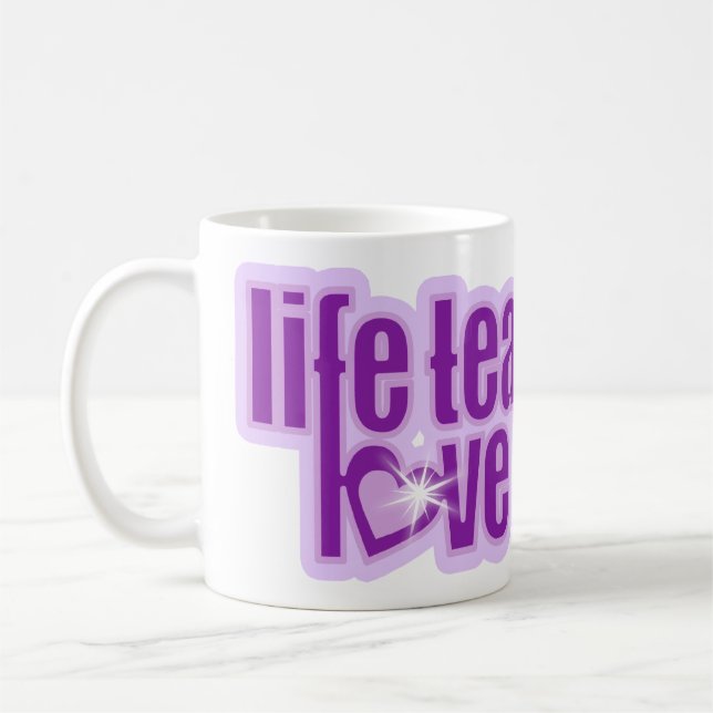 Taza De Café "la vida enseña amor revela" eslogan púrpura (Izquierda)