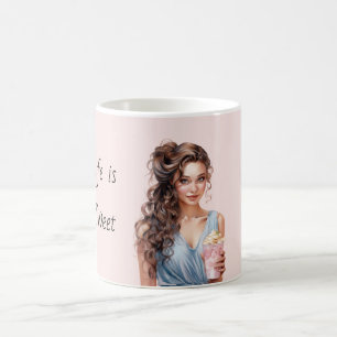 Taza De Café La vida es Dulce Mujer Pelo Marrón