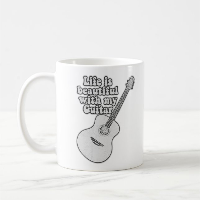 Taza De Café La vida es hermosa con mi guitarra. blanco y negro (Izquierda)